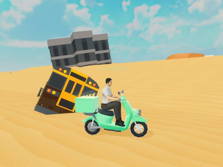 路灯、公交车、纪念碑等昔日的文明造物都已黄沙半掩。也许2018年以来的这些故事和记忆，都埋在这片黄沙之下，等待着重见天日的时刻。