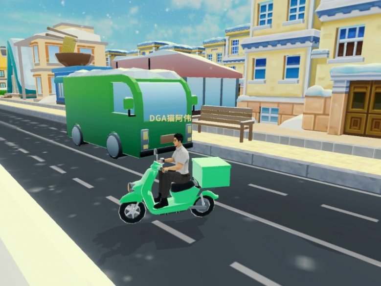 常年飘雪的北方城镇中，树上，公交车和房顶上都积着厚厚的雪。